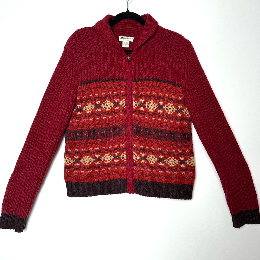 Eddie Bauer Boho Cabincore Fair Isle Zip Up Sweater Shawl Collar Wool Mohair